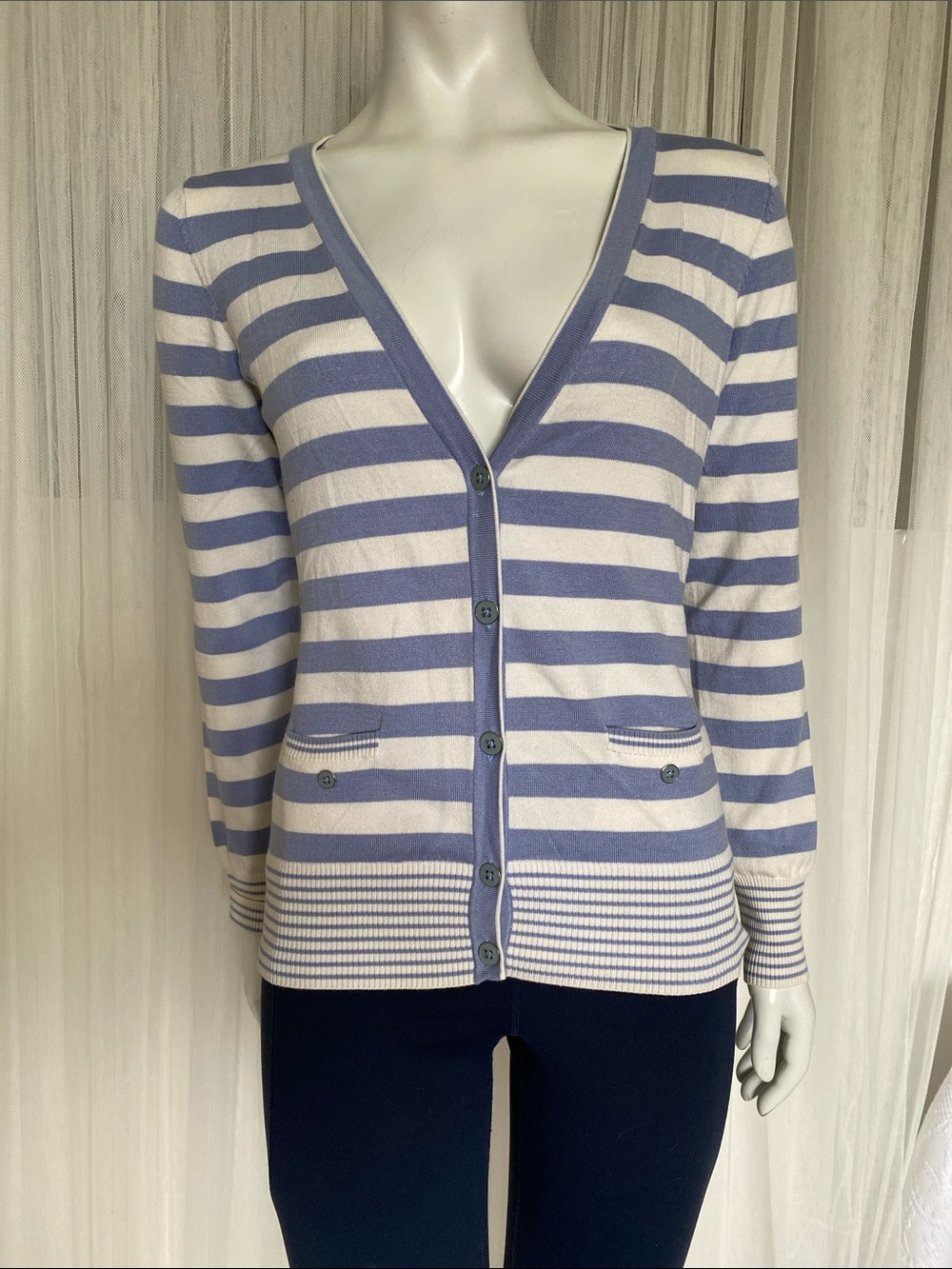 Y2K Jackpot Silk blend Powder Blue -White Striped Button pockets Cardigan Med